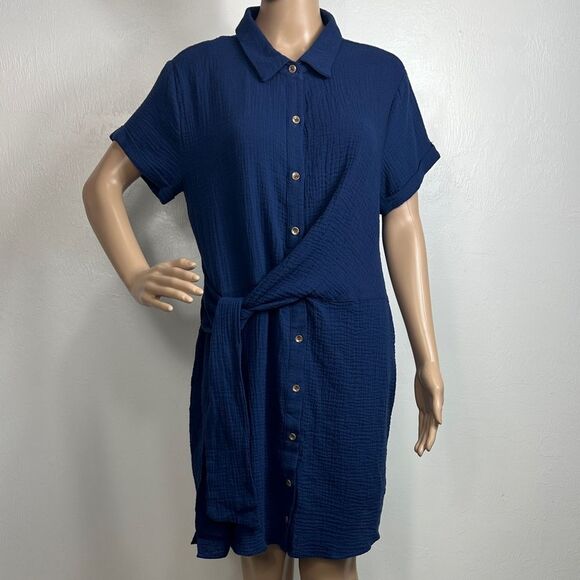Veveret Blue Cotton Short Sleeve Button-Up Shirt Dress Size L - Picture 1 of 7